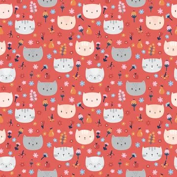 Kids seamless pattern with cute cats. Funny animals on dark backdrop. Cute .. Stock Illustration
