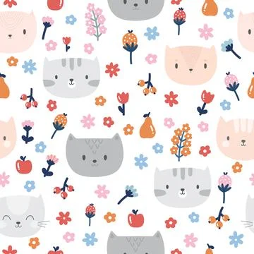 Kids seamless pattern with cute cats. Funny animals on dark backdrop. Great.. Stock Illustration