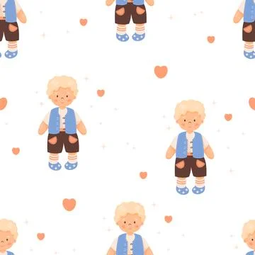 Kids seamless pattern. Cute curly blond boy in vest and shorts white backgr.. Stock Illustration