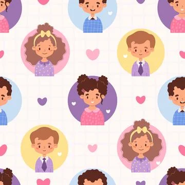 Kids seamless pattern. Cute happy girls and boys children on white checkere.. Stock Illustration
