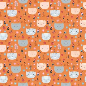 Kids seamless pattern with cute little cats. Funny animals on dark backdrop.. Stock Illustration