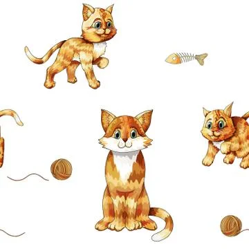 Kids seamless pattern with cute sitting colorful cats. Doodle orange kittens Stock Illustration