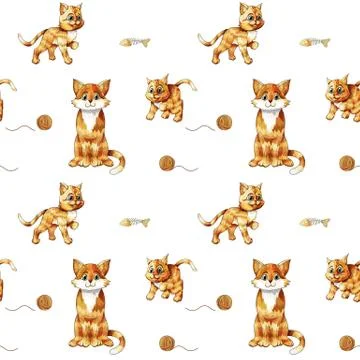 Kids seamless pattern with cute sitting colorful cats. Doodle orange kittens Stock Illustration