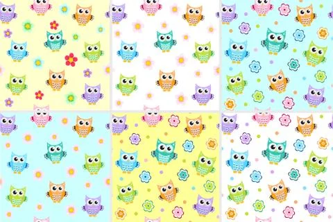 Kids seamless pattern with owls. Owl endless background, texture. Children .. Stock Illustration