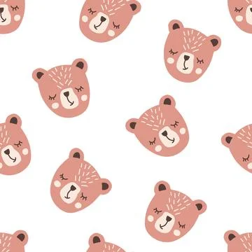 Kids seamless pattern with playful cute bear faces in soft colors Stock Illustration