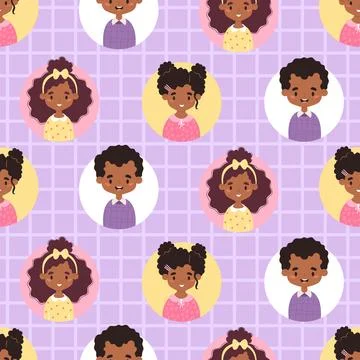 Kids seamless pattern. Portraits of cute happy African American girls and b.. Stock Illustration