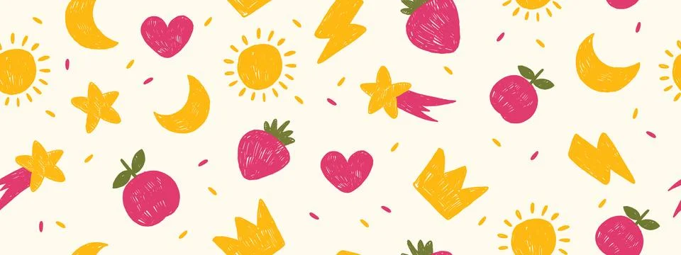 Kids seamless pattern, vector hand drawn minimal baby texture, yellow star Stock Illustration