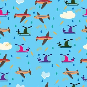 Kids seamless vector pattern with airplanes and helicopters on blue backgroun Stock Illustration