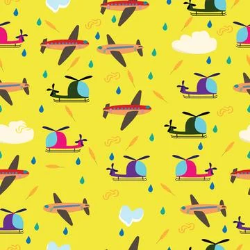 Kids seamless vector pattern with airplanes and helicopters on yellow backg.. Stock Illustration