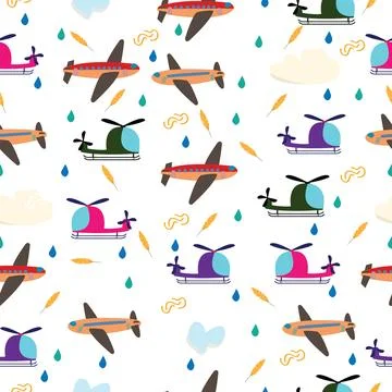 Kids seamless vector pattern with airplanes and helicopters on yellow backg.. Stock Illustration