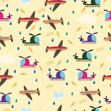 Kids seamless vector pattern with airplanes and helicopters on blue backgroun Stock Illustration