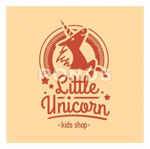 Kids shop logo with pink unicorn. Cute kindergarten sign. Stock Illustration