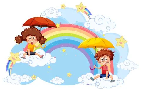 Kids sitting on cloud with rainbow Ilustración de archivo