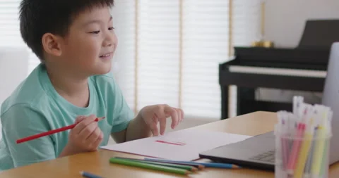 Kids sitting at home table study learn online upskill in art academy. 스톡 동영상 170205319