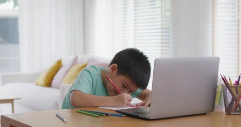 Kids sitting at home table study learn online upskill in art academy. 스톡 동영상 170633134