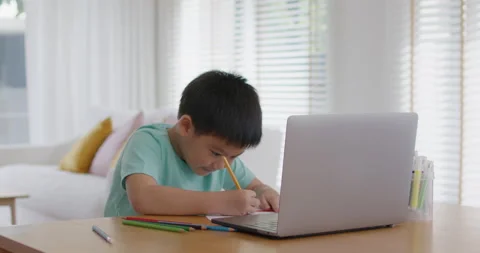 Kids sitting at home table study learn online upskill in art academy. 스톡 동영상 171783266