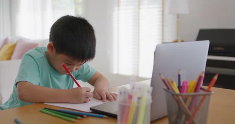 Kids sitting at home table study learn online upskill in art academy. 스톡 동영상 171951172