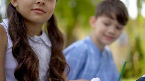 Kids sitting outdoor and doing homework Stock Footage 126291553