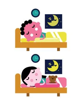 Kids sleep in the bed. Kid bedtime concept. Stock Illustration