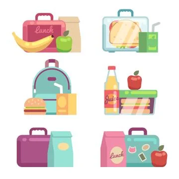Kids snacks. School lunch boxes vector set Stock Illustration