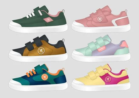 Kids Sneakers Shoes Vector Mockup Childrens Strap Footwear Technical Flat Sketch Illustrazione stock