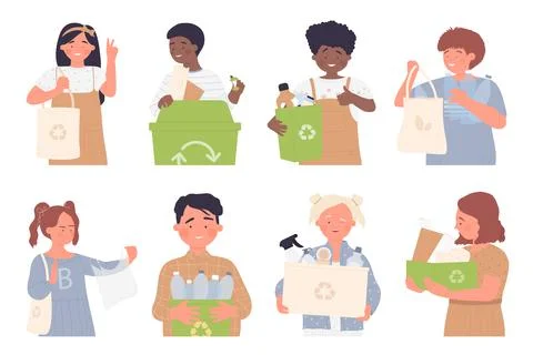 Kids sorting waste garbage isolated, environmental protection set Stock Illustration