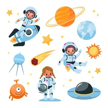 Kids space elements collection. Astronaut children with cosmic items, planets 스톡 일러스트