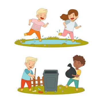 Kids spring activities set. Cute children in rubber boots jumping in puddles and Illustrazione stock