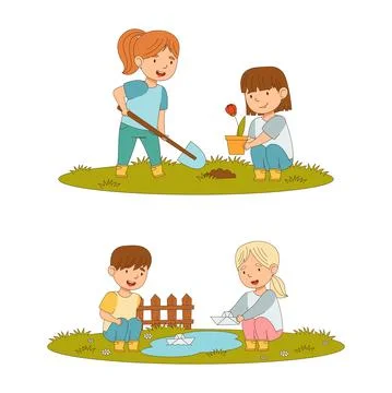 Kids spring activities set. Cute children working in garden. Boys and girls Illustrazione stock