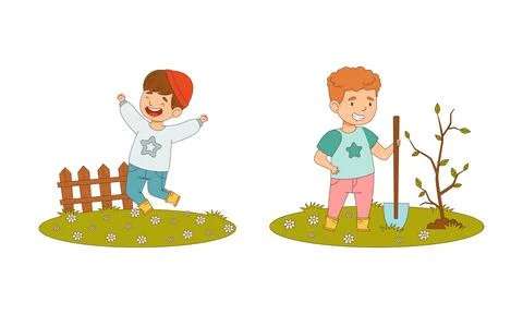 Kids spring activities set. Cute children working in garden. Boys planting Illustrazione stock