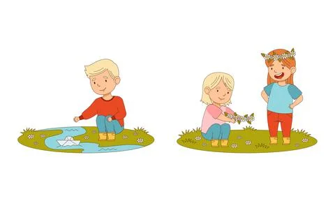 Kids spring activities set. Cute children playing with paper boats and twisting Illustrazione stock