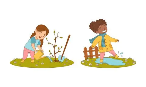Kids spring activities set. Cute children working in garden. Girls planting tree Illustrazione stock