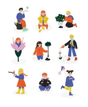 Kids Spring or Summer Outdoor Activities set, Happy hildhood, Children Enjoying Illustrazione stock