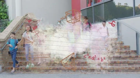 Kids stepping down steps, leaving school as math doodles appearing over group Stock Footage 333720286