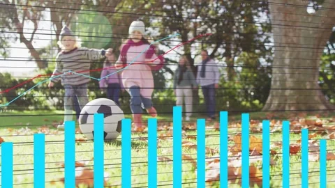 Kids stepping then running, reaching soccer ball on park lawn, sports data bars Stock Footage 333318525