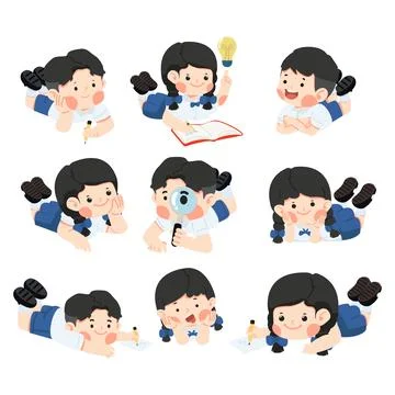 Kids student lying on floor set Stock Illustration