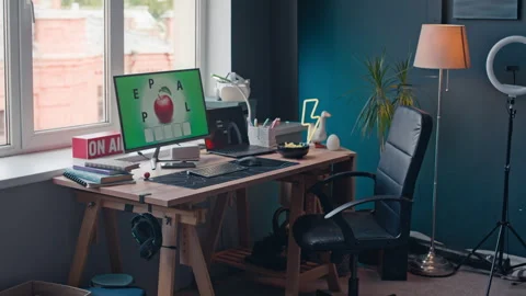 Kids Study Desk with Interactive Learning Screen at Home Stock Footage 319733451