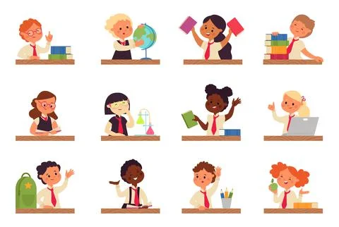 Kids study at desk. Kid studying with laptop, boy sit and doing homework. Young Illustrazione stock