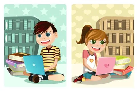 Kids studying using laptop Stock Illustration