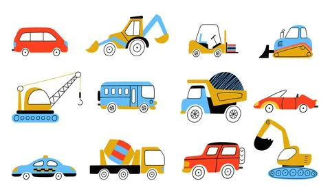 Kids style construction transport. Funny transportation children vehicle. Digger Stock Illustration