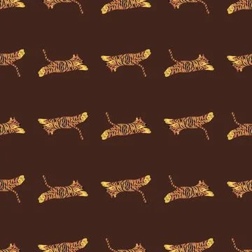 Kids style seamless pattern with zoo tiger orange print. Brown background. Re Stock Illustration