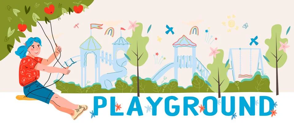 Kids summer playground banner with girl riding on swing, flat cartoon. Stock Illustration