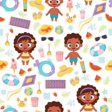 Kids summer seamless pattern. Cute beachgoers black ethnic girl and boy wit.. Illustrazione stock