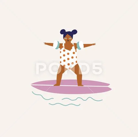 Kids surfing illustration in vector. Summer travel poster or card. Stock Illustration