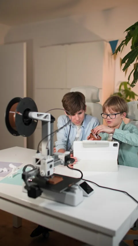 Kids at table with working 3D printer assemble and inspect already printed parts Stock Footage 335393190