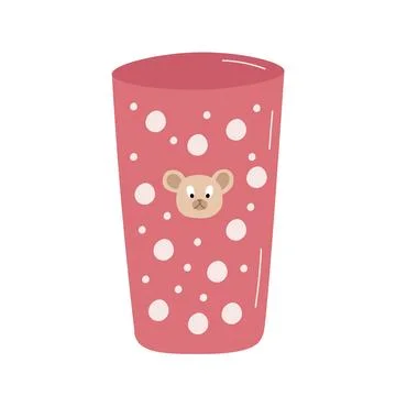 Kids tableware with bear head. Childrens pink polka cup glass and bear head on Stock Illustration