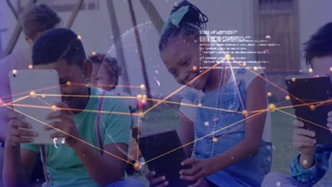 Kids tapping devices starting node network and rotating globe illustrating 스톡 동영상 311963130