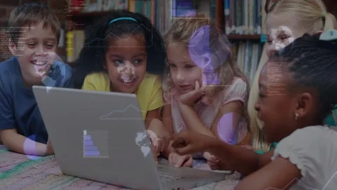 Kids tapping keys, laptop animating overlays, projecting charts and code onto Stock Footage 328246041