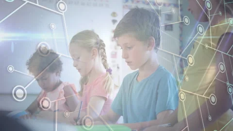 Kids tapping tablets and using stylus in classroom, pulsing transparent node 스톡 동영상 311901590