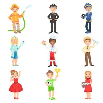 Kids With Their Future Professions Attributes Stock Illustration